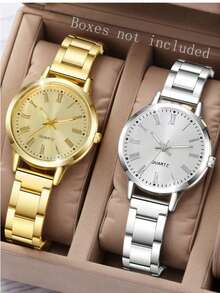 2 piezas Conjunto de relojes de cuarzo de moda para mujer - Correa de acero inoxidable, diseño minimalista elegante, reloj de pulsera con esfera pequeña y movimiento de cuarzo preciso - Dorado - Ver 1