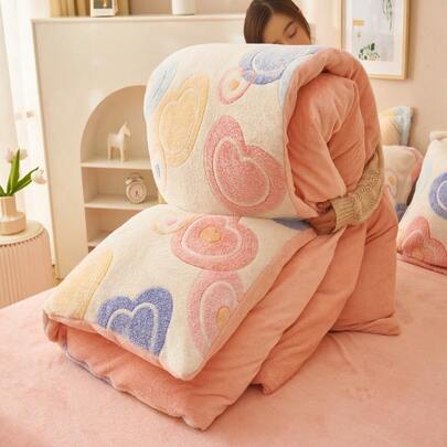 1pc Snowflake Fleece Floral & Heart Pattern Pink Duvet Cover, Warm Plush Comforter Cover For Bedroom, Suitable For Spring, Autumn & Winter