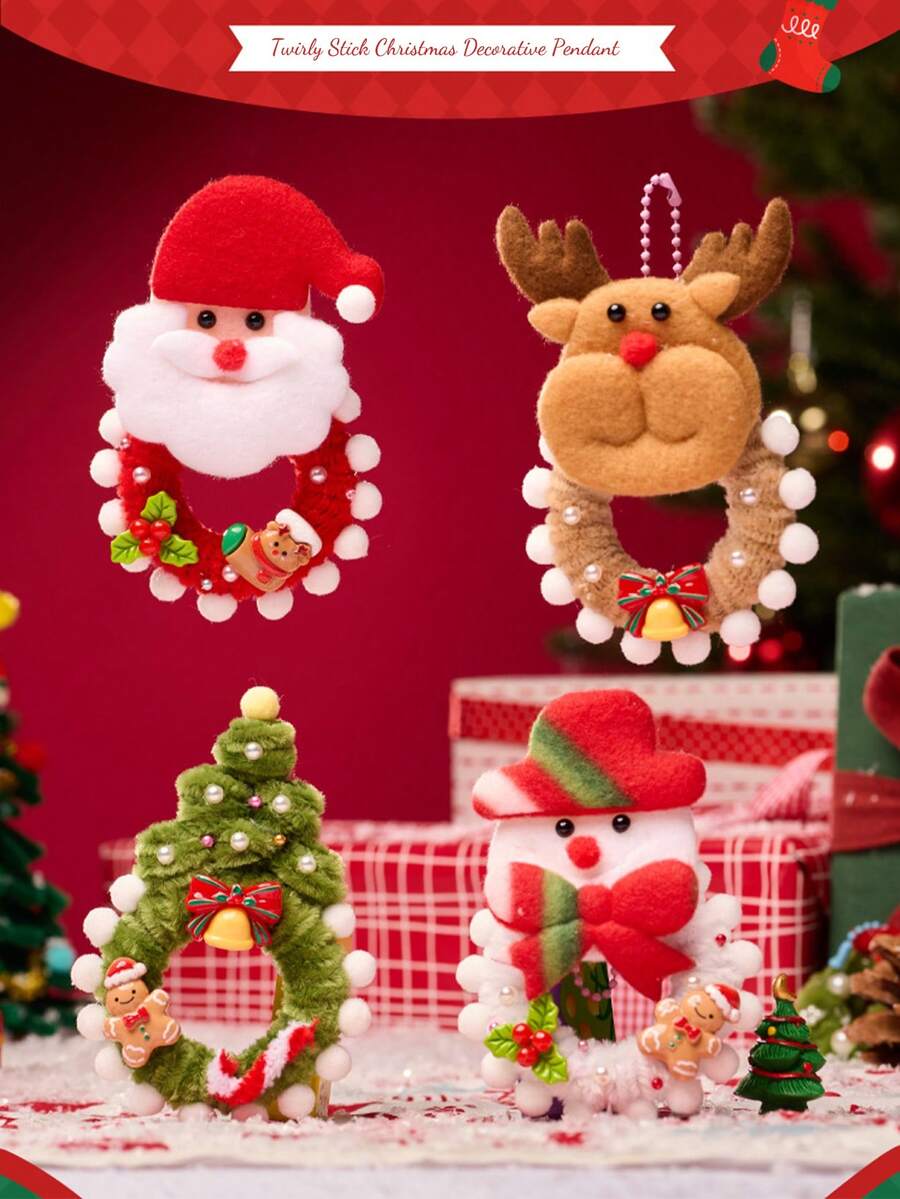1 Set Christmas Hanging Ornament Craft Kit With Twist Ties & Beaded Chains, Felt Ornament Decorations Of Santa Claus, Christmas Tree, Reindeer, Snowman, Creative DIY Craft For Kids, Children's Gift, Handmade DIY Material Pack, Christmas Decoration Keychain Craft For Kindergarten
