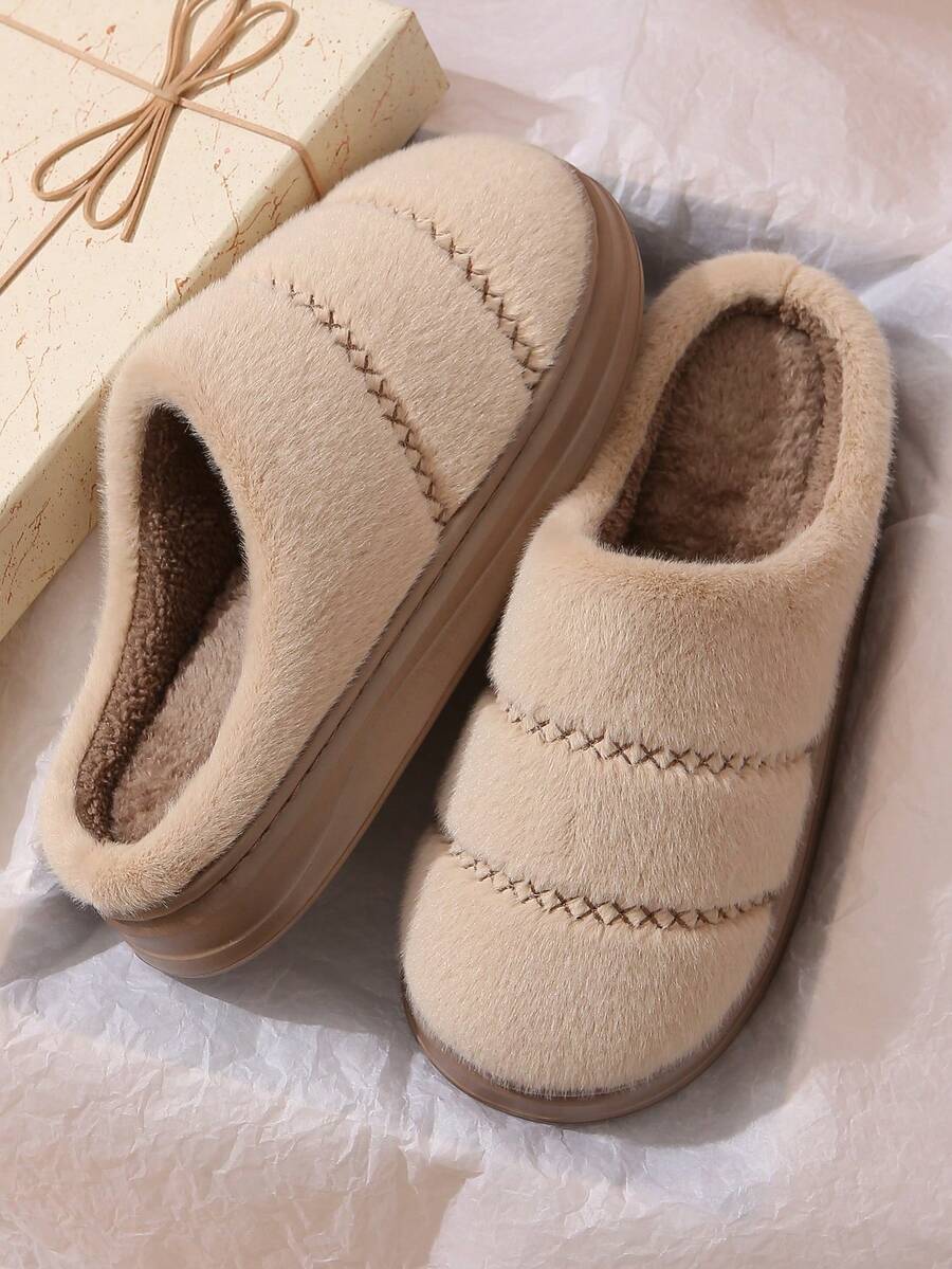 女士厚底保暖毛绒拖鞋，新款室内女式羊毛拖鞋，秋冬防滑情侣拖鞋 - 咖啡 - 查看 1