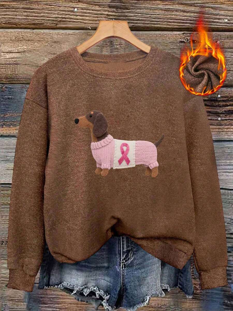 女士狗狗印花休闲优雅仿针织毛衣，精致百搭，适合派对、居家聚会、日常穿着、返校季服装、校园穿搭灵感、返校必备单品、开学第一天穿搭、2026返校季穿搭 - 棕色 - 查看 1