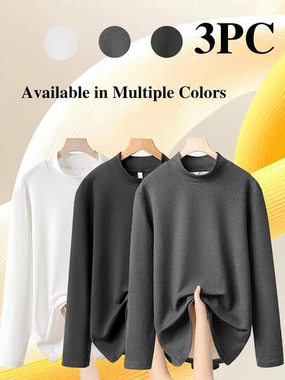 3pcs Men's Autumn & Winter Knitted Tops, Business Casual Crew Neck Undershirt, Inner Wear & Outer Wear Base Layer