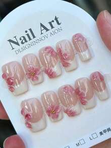 10 szt. naklejek na paznokcie w stylu francuskim dla dziewcząt z różowym wzorem kwiatowym, ręcznie robione, pełne pokrycie, kwadratowe wzory francuskie, średniej długości, trójwymiarowy, ręcznie malowany wzór rzeźbienia kwiatów, jasny i błyszczący, różowo-biały, w kształcie dzioba kaczki, ekskluzywny, minimalistyczny, wakacyjny styl, trójwymiarowe rzeźbienie, eleganckie zdobienie paznokci