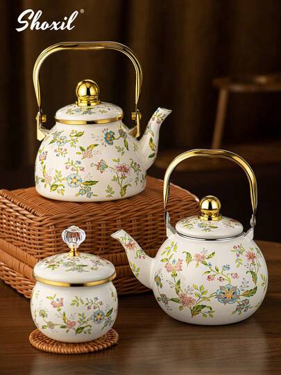 shoxil 1pc 1L/1.2L/1.5L Enamel Pot, Small Capacity Enamel Kettle, Multi-Functional Heat-Resistant Water Kettle/Coffee Pot, Suitable For All Seasons, Can Be Used As Oil Pot, Sugar Jar, Seasoning Jar, Tea Canister, Vinegar Bottle And Cold Water Pot, Not Easy To Break Or Stick Oil, Decorative Household Tabletop Kettle.