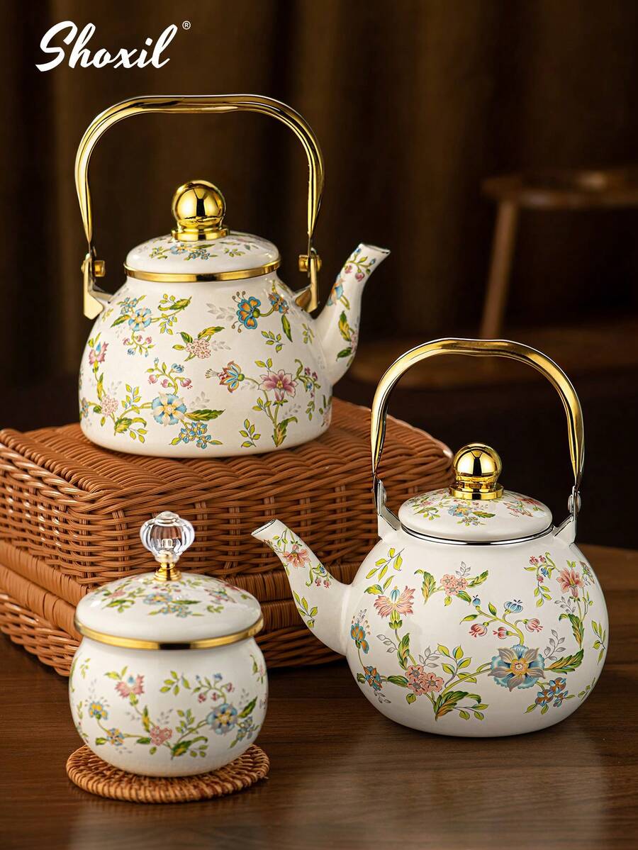 shoxil 1pc 1L/1.2L/1.5L Enamel Pot, Small Capacity Enamel Kettle, Multi-Functional Heat-Resistant Water Kettle/Coffee Pot, Suitable For All Seasons, Can Be Used As Oil Pot, Sugar Jar, Seasoning Jar, Tea Canister, Vinegar Bottle And Cold Water Pot, Not Easy To Break Or Stick Oil, Decorative Household Tabletop Kettle.