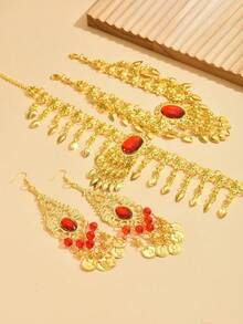 1 Set Glamorous Dance Earrings, Headdress, Necklace Combination, Shiny Gold Tassel Bridal Dance Accessories Set