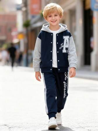 2pcs/Set Big Kids Casual Sports Hoodie With "A" Print + Relaxed Fit Pants, Autumn/Winter