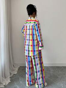 Women's 2pcs Set Colorful Plaid Print Long Sleeves Shirt And Elastic Pants For Loungewear Soft Sleepwear Casual Style, Vintage Inspired Fashion ,Can Be Worn Outdoor,Has The Look And Feel Of Cotton
