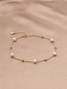 1条18K镀金天然珍珠串珠脚链，女士款，春夏款