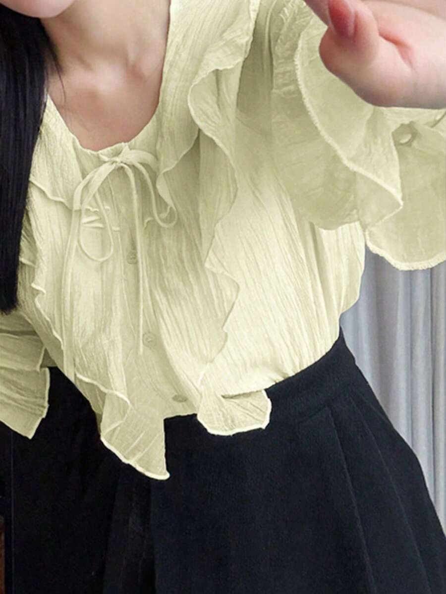 2026春秋新款荷叶边袖口长袖女式衬衫 - 杏色 - 查看 1