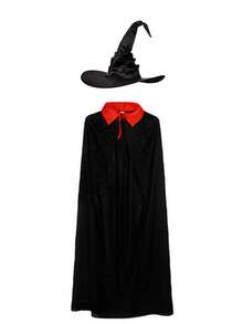 两件套万圣节圣诞节吸血鬼女巫服装套装，包括褶皱女巫帽和单层黑色死神斗篷披风，适合化装舞会表演。 - 黑色 - 查看 8