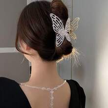 1pc Women's Gold Crystal Faux Pearl Hair Claw Barrette, Minimalist Elegant Butterfly Large Metal Hair Clip Winter Hair Accessories Fashion Hair Clutch Elegant Claw Clips