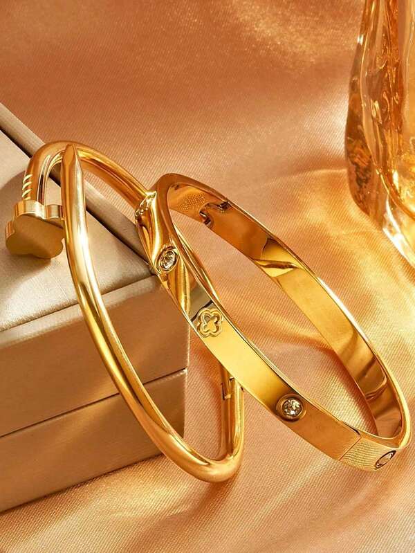 2pcs Stainless Steel Bracelet Set, Creative Four-Leaf Clover Design - Elegant Classic Style, Versatile For Daily Stacking, Suitable For All Occasions, Fashionable Accessory, Exquisite Jewelry