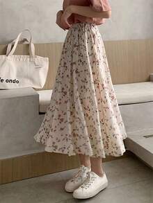 Falda larga de mujer plisada con estampado floral vintage, falda corta coreana, ropa de calle, falda midi, cintura elástica y cordón, falda halter de mujer - Albaricoque - Ver 3