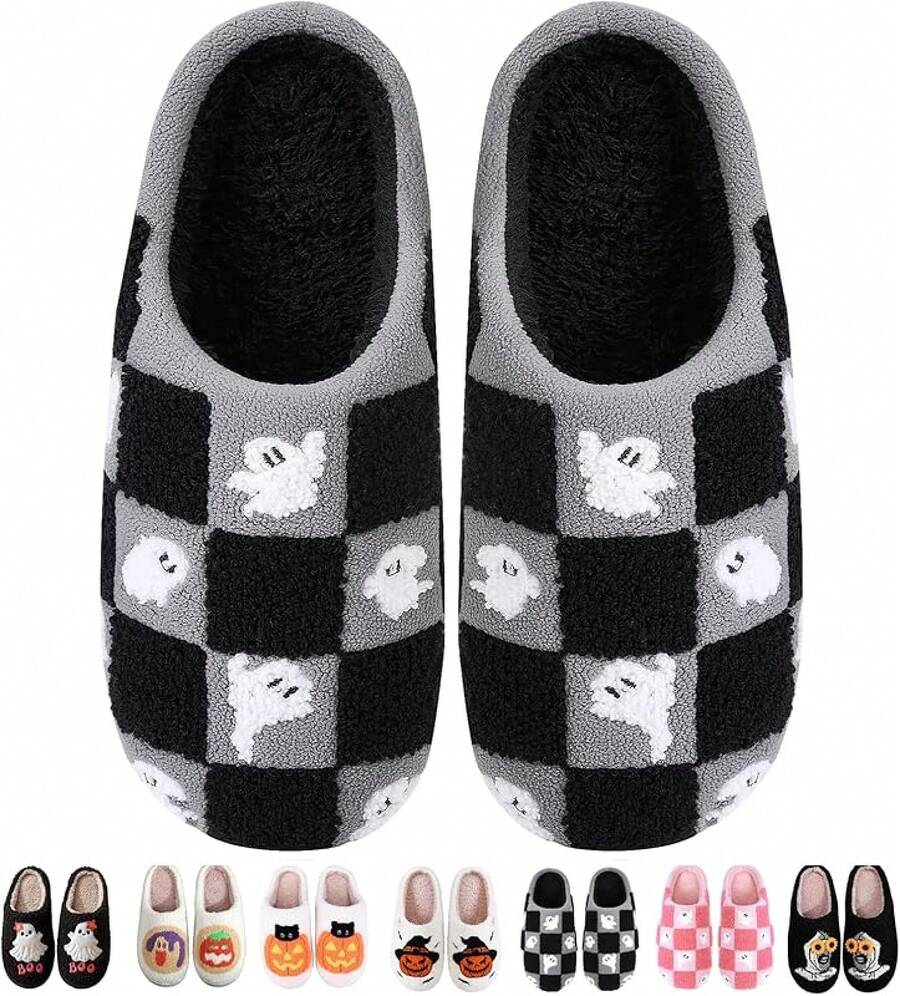 Pantuflas de calabaza de felpa acogedoras de Halloween, diseño esponjoso antideslizante - Cuadros negros - Ver 1