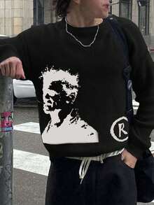 Jersey de punto con retrato y letra intarsia para hombre, de ajuste holgado casual, cálido y versátil, adecuado para primavera, otoño e invierno - Negro - Ver 2