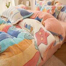 1pc Snowflake Fleece Floral & Cartoon Print Pink Duvet Cover, Warm & Reversible For Bedroom Bedding, Suitable For Spring, Autumn & Winter (Duvet Insert Not Included) - Pink - View 3