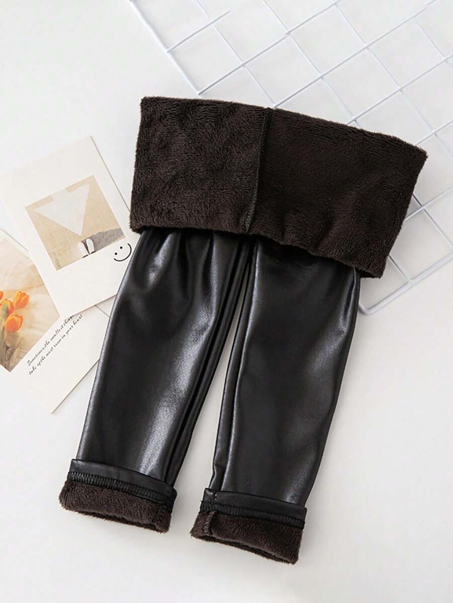 1pc Girls' Autumn/Winter Thick PU Leather Leggings, Glossy Smooth Easy To Clean, Girls' Fashion Versatile Skinny Tights - Black - View 1