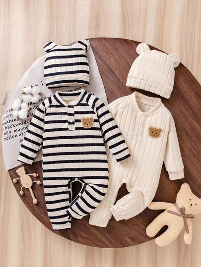 四件套秋冬新款毛绒罗纹领可爱3D刺绣小熊拼接连体衣及帽子休闲套装，适合户外穿着，应季时尚，毛绒饰边设计，经久耐用，可机洗，男女宝宝皆宜，父母礼物，节日装扮，完美的户外之选