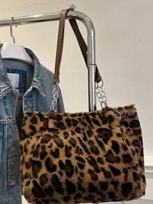 Autumn New Leopard Print Large Bag, Plush Shoulder Bag, Fashion Large Capacity Chain Strap Crossbody Bag, Dual Handle Leopard Faux Fur Casual Tote Shoulder Bag For Women