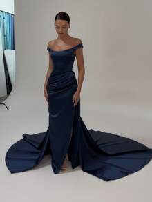 Basrey 新款优雅女士白色吊带连体修身连衣裙，拖地长裙，伴娘礼服，适合参加婚礼和担任伴娘，情人节礼服 - 藏蓝色 - 查看 10