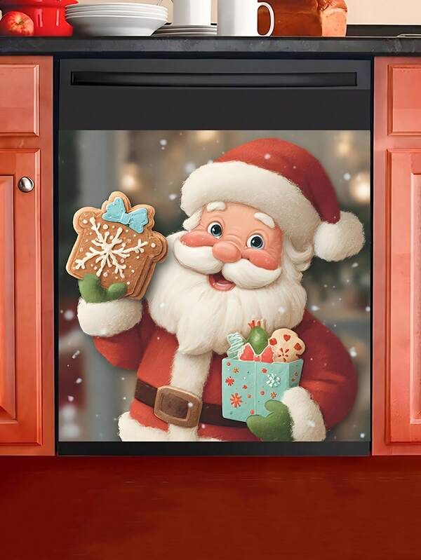 1pc Santa Claus Oven/Fridge/Door Decorative Stickers - Self-Adhesive Waterproof And No Residue, Suitable For Kitchen, Cabinets, Windows - Red, Green And White Gift Design - Holiday Home Decor, Removable Stickers, Holiday Theme, Kitchen Decoration