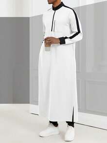 Modern Islamic Men's Clothing, Hooded Kamis Robe, Muslim Men's Grey Kamis Robe, Fashionable Stand Collar Long Hooded Sweatshirt - 白色 - 查看 4