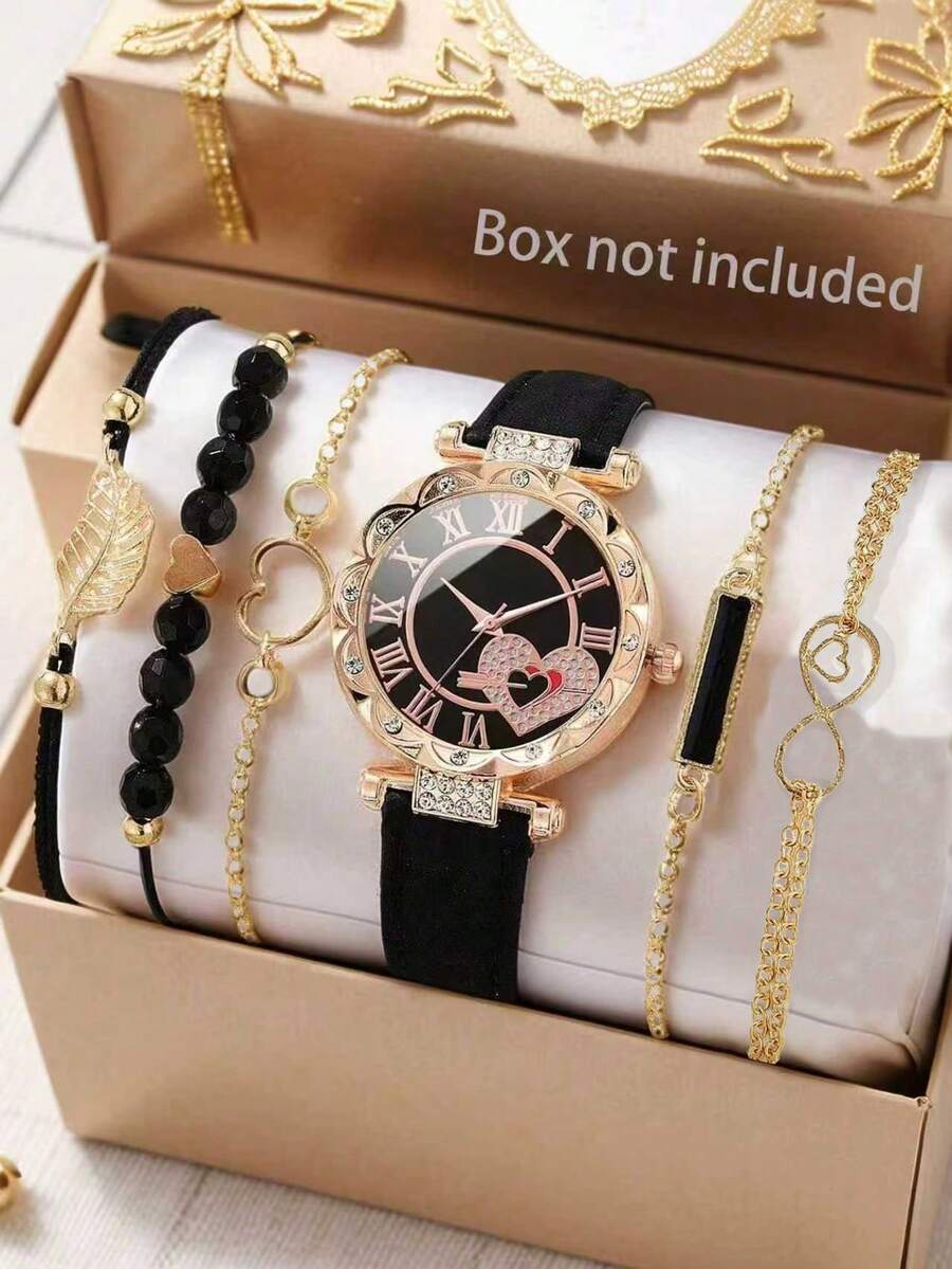 Bộ 6 món gồm thắt lưng da thật dành cho nữ, đồng hồ thạch anh mặt hoa đính đá thời trang và vòng tay, quà tặng Ngày của Mẹ/sinh nhật. - màu đen - Xem 1