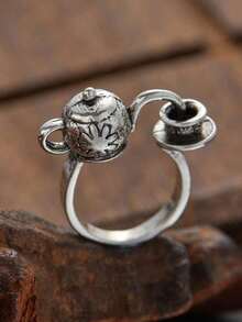 1PC Vintage Temperament Floral Pattern Pouring Teapot Geometric Ring For Men Fashion Jewelry Accessories - 戒指 - 查看 6