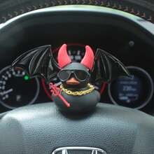 1pc Gothic Rubber Duck With Demon Wings & Golden Necklace - Bat Wing Design, Red Beak And Horns, Durable PVC Material, Black & Red Car Dashboard Decor, Steering Wheel Accessory, Unique Halloween Party Decoration, Car Interior Accessory, Demon Rubber Duck With Expressive Eyes And Sharp Teeth, Suitable For Dashboard Or Party Decoration, Ideal For Car Enthusiasts And Halloween Gifts - Black - View 2