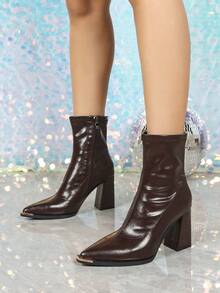 秋冬季8.5厘米粗跟踝靴，棕色，尖头，舒适时尚修身女靴，酒红色鞋跟 - 棕色 - 查看 2