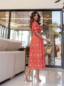 Elegant Midi Dress In 3D Embroidery, Lined, Princess Puff Sleeve, Ruffle Hem - 紅橙 - 查看 2