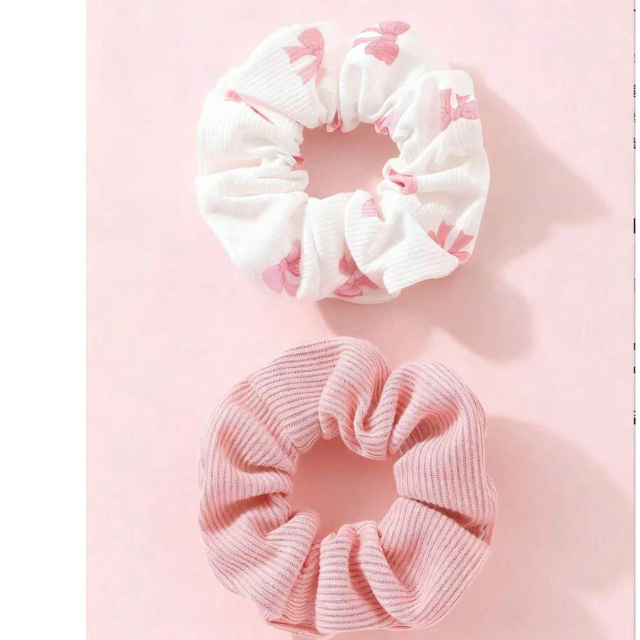 Juego de 2 scrunchies de color rosa pastel 2025 - 2 piezas con estampado de lazo y de punto liso, accesorios de cabello elásticos suaves con estética vintage Y2K para mujeres y niñas, para uso diario y decoración de cabello para fiestas, bandas de cabello dulces para coletas y moños, regalo perfecto para ella y sus amigas