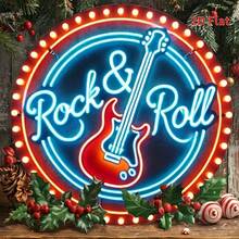 8x8 Inch Round Metal Sign, 2D Flat Rock Guitar Neon Wall Art, Waterproof & UV-Resistant, Frameless Music Themed Decor, Suitable For Cafe, Club, Bar, Room Decoration