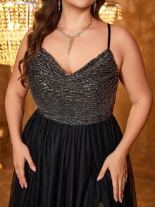 UNITHORSE Plus 女士优雅 Spraghetti 露肩亮片撞色网眼面料性感露背绷带设计可调节晚礼服 - 黑色 - 查看 5