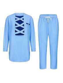 2025 New Men's Wedding Set: Two Pieces Set, Long Pants, T-Shirt Set, Men's Elegant Set, Patchwork Round Neck Classic Men's Social Set, Evening Dress, African , Casual Men's Traditional Clothing - Blue - View 2