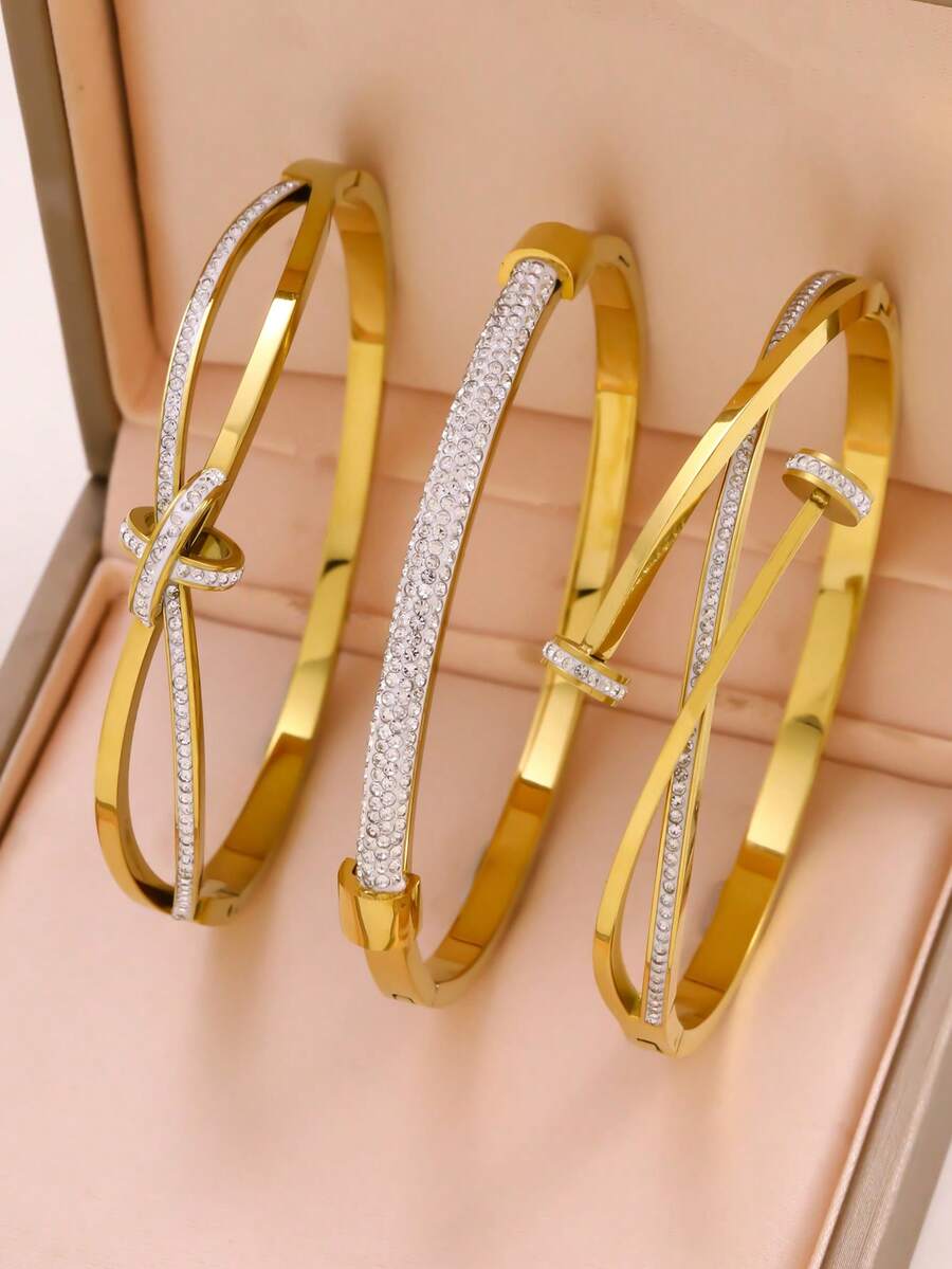 3 piezas/1 pieza Pulsera elegante de acero inoxidable con circonita brillante para mujeres, adecuada para uso diario, atuendo de fiesta, regalo de cumpleaños, aniversario