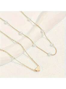 Juego de joyería de 3 piezas/1 set con collar, pulsera y accesorios a juego de perlas doradas multicapa con forma de corazón, ideal para uso diario, citas, reuniones pequeñas y todo tipo de combinaciones