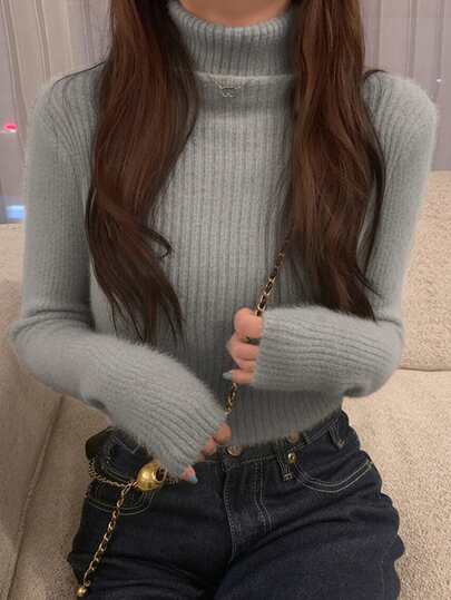 Women's Solid Color High Neck Long Sleeve Fitted Sweater, Autumn/Winter