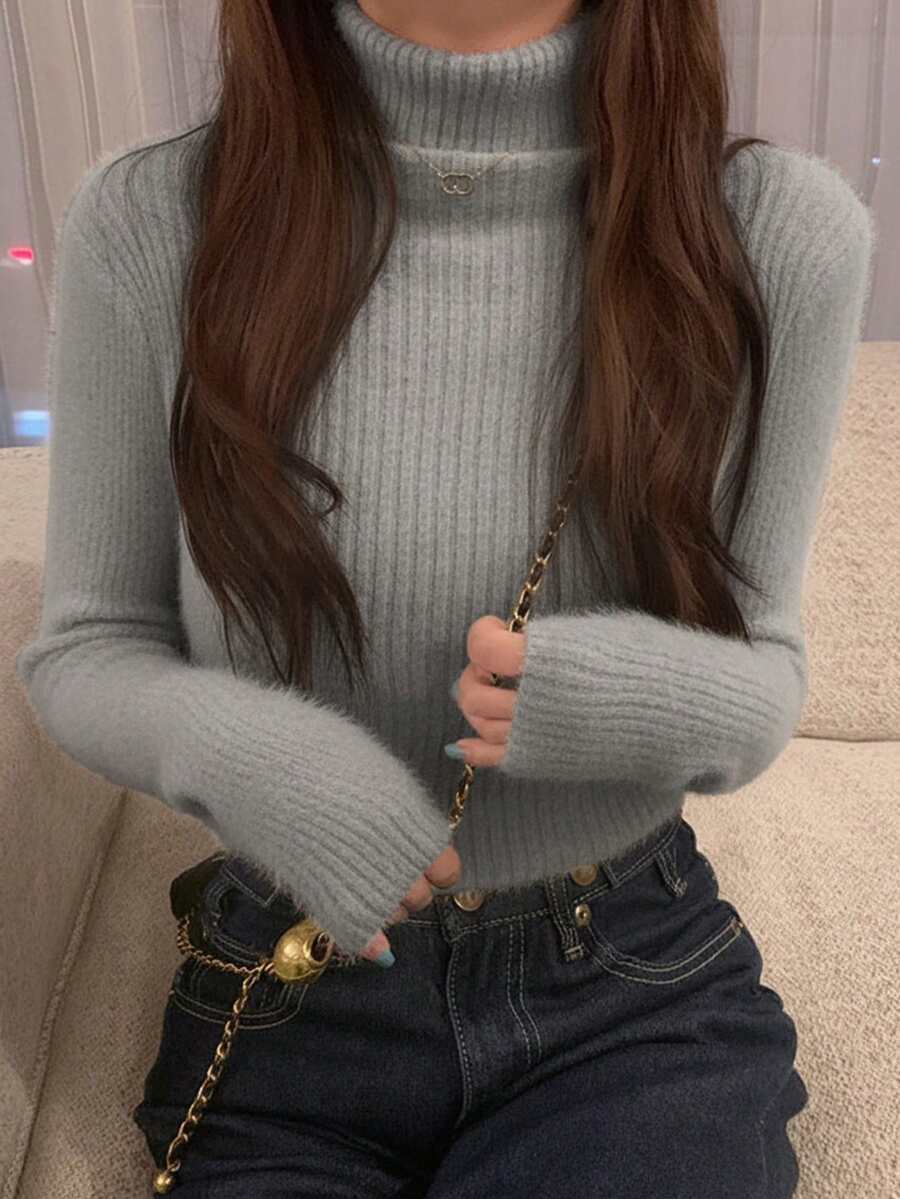 女式纯色高领长袖修身毛衣,秋冬 - 灰色 - 查看 1