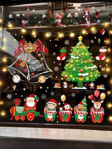 Juego de pegatinas para ventanas navideñas, Feliz Navidad y Próspero Año Nuevo, pegatinas de Papá Noel, tren, copos de nieve y caja de regalo, pegatinas de PVC removibles para ventanas navideñas, decoraciones navideñas, pegatinas para ventanas con temática de tren navideño, pegatinas decorativas de Papá Noel y renos - Multicolor - Ver 2