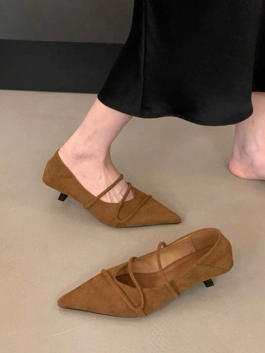 Zapatos de tacón de aguja tipo Mary Jane de ante retro francés de primavera 2025, zapatos de tacón de gatito para ir al trabajo y fiestas para mujeres - Marrón - Ver 1