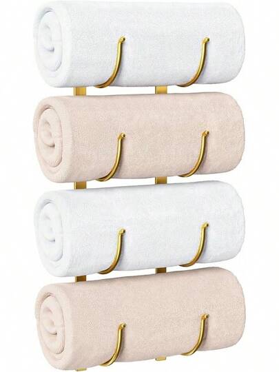 Bathroom Rolled Towel Rack: 4-Tier Wall Mounted Towel Storage Holder, Hanging Organizer For Towels, Blankets, Large Bath Sheets, Space Saving In RV, Closet, Toilet, Cabinet, Black Metal
