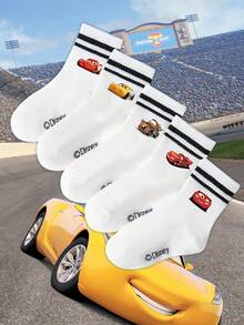 Disney 5双装儿童中筒袜，汽车卡通图案，黑白条纹，可爱图案设计，时尚休闲透气学生袜，适合日常穿着、返校季、节日礼物，袜子 - 彩色 - 查看 2