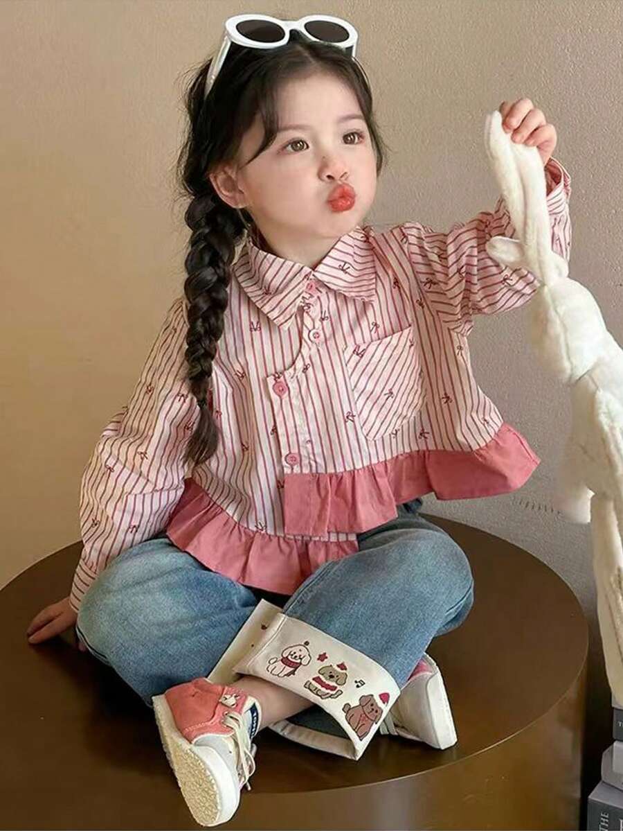 Girls Long Sleeve Blouse, Toddler/Little Young Girl Asymmetric Striped Bow Casual Shirt, Princess Versatile Daily Wear - Watermelon Pink - View 1