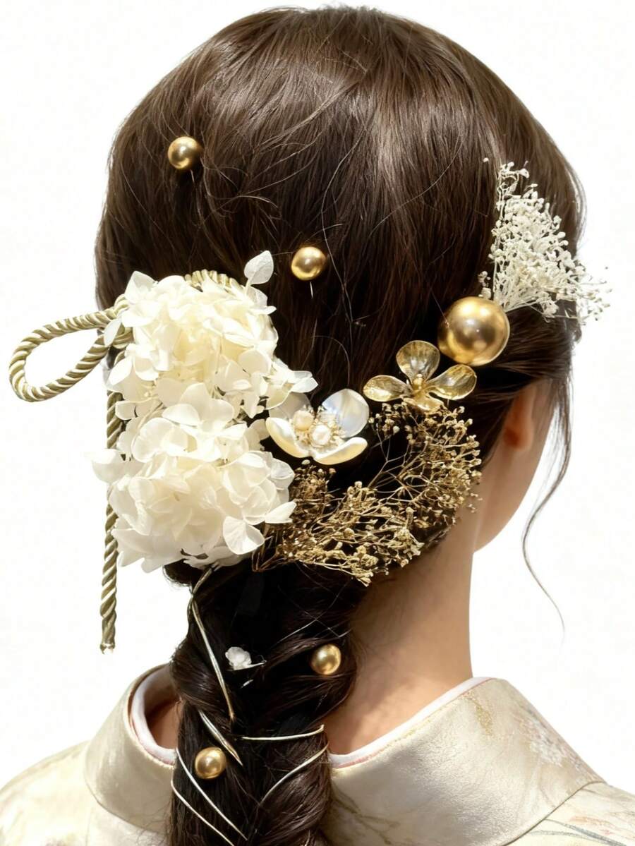 17本 手作り髪飾り 【5色展開】人気 髪飾り セット ヘアアクセサリー ヘアーアレンジ 花 ドライフラワー 水引 振袖 和服 和装 着物 袴 浴衣 成人式 結婚式 卒業式 七五三 お祭り ポニーテール - ホワイト - チェックする 1