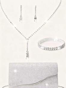 Rhinestone Jewelry Set Bling Necklace Earrings Bracelets Set For Women Evening Clutch Party Bridal Purse Elegant Silver Sparkling Glitter Flap Envelope Bag Women's Handheld Evening Metal Chain Bag Handbag Crossbody Purse Wedding Party Bag For Women And Girls