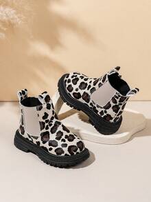 2024 Novos Botas Curtas de Moda Estampa de Leopardo para Meninas, Botas de Tornozelo com Zíper Lateral Plano, Botas de Princesa Versáteis de Sola Macia - Bege - Visão 2