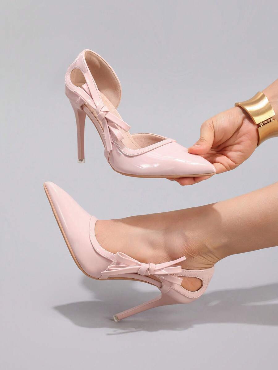 Giày cao gót nơ thời trang, giày cao gót dự tiệc mũi nhọn gợi cảm, giày cao gót khoét lỗ siêu cao, da bóng màu hồng, thanh lịch - Hồng - Xem 1