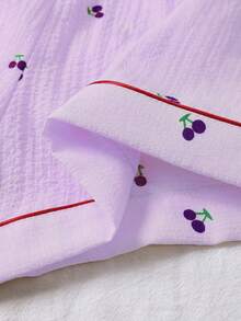 3pcs Bubble Crinkle Cherry Print Women Pajama Set - Short Sleeve Button Collar Top And Shorts + Long Pants - 紫羅蘭色 - 查看 3